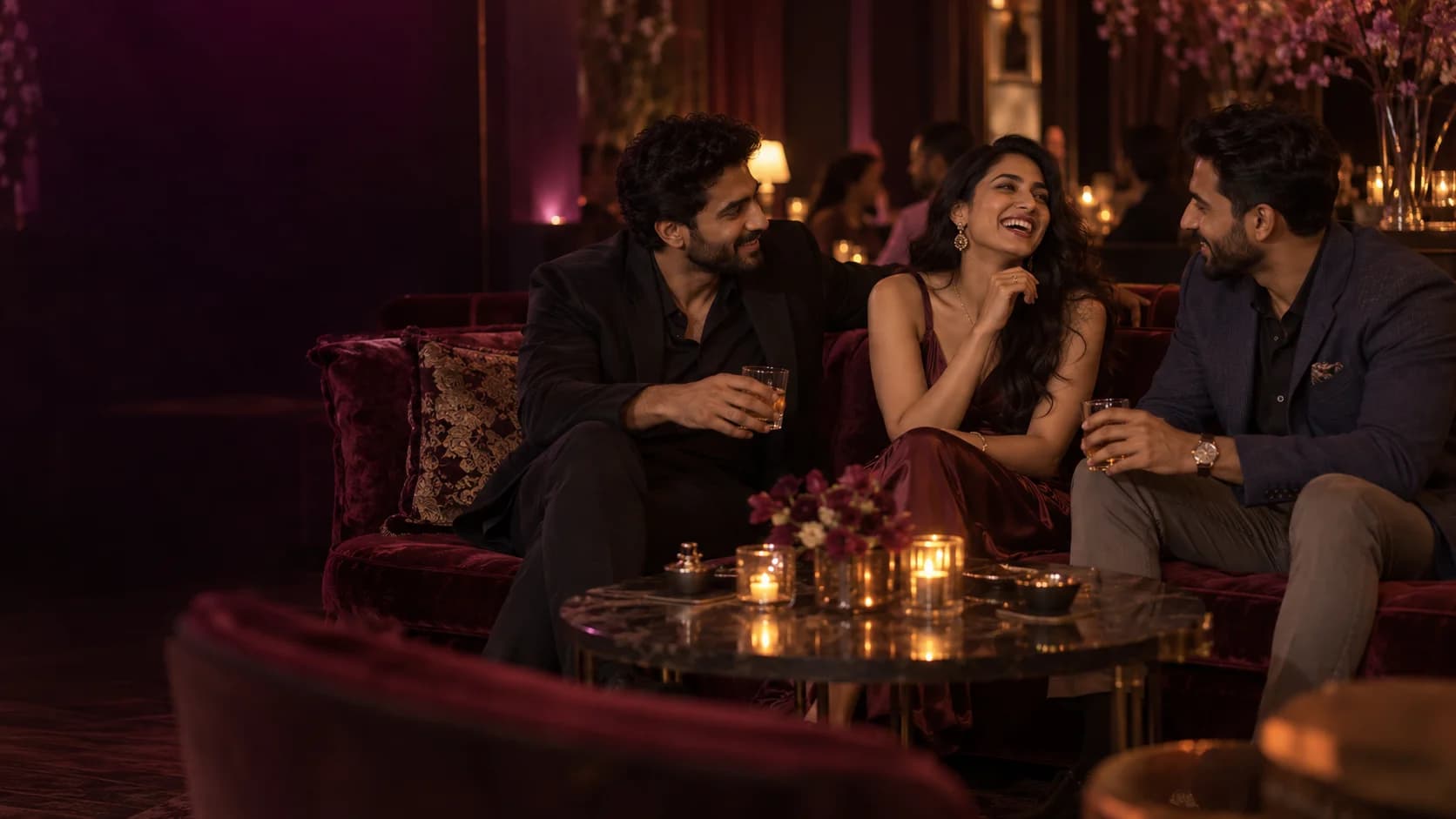 Three people enjoying a conversation in a warmly lit lounge
